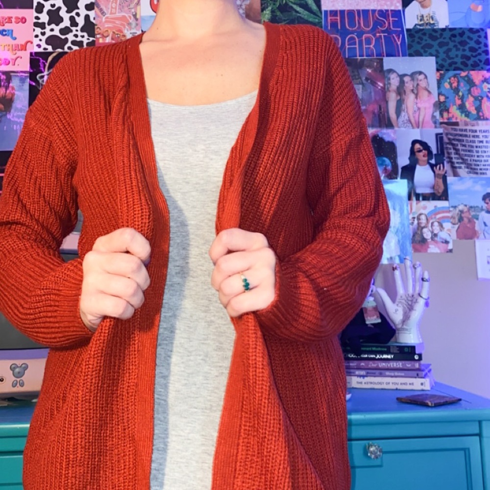 orange woven back cardigan